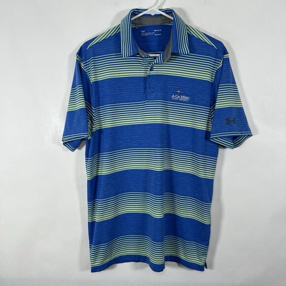 Under Armour Heat Gear A-Ga-Ming Golf Polo Shirt Mens Medium Blue Green Striped - Picture 1 of 11